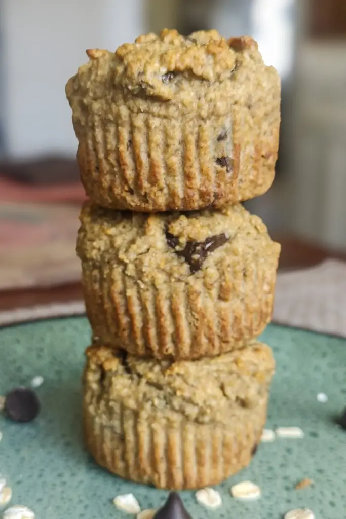 A stack of 3 Easy Vegan Chocolate Chip Muffins.