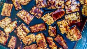 Smoky Marinated Tempeh - tempeh cubes marinating in a savory brown sauce.