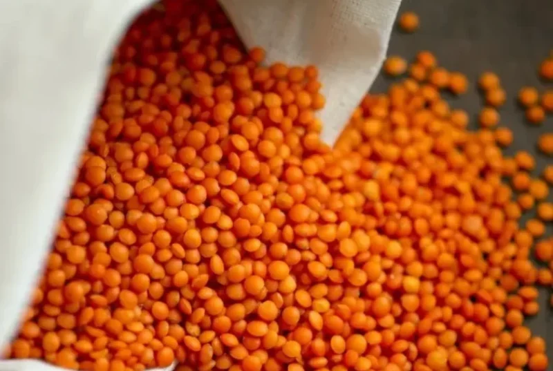 A white cloth bag with red lentils spilling out.